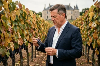 Propriétaire ou investisseur inspectant des grappes de raisin merlot dans un vignoble bordelais en automne, avec un château en arrière-plan flou