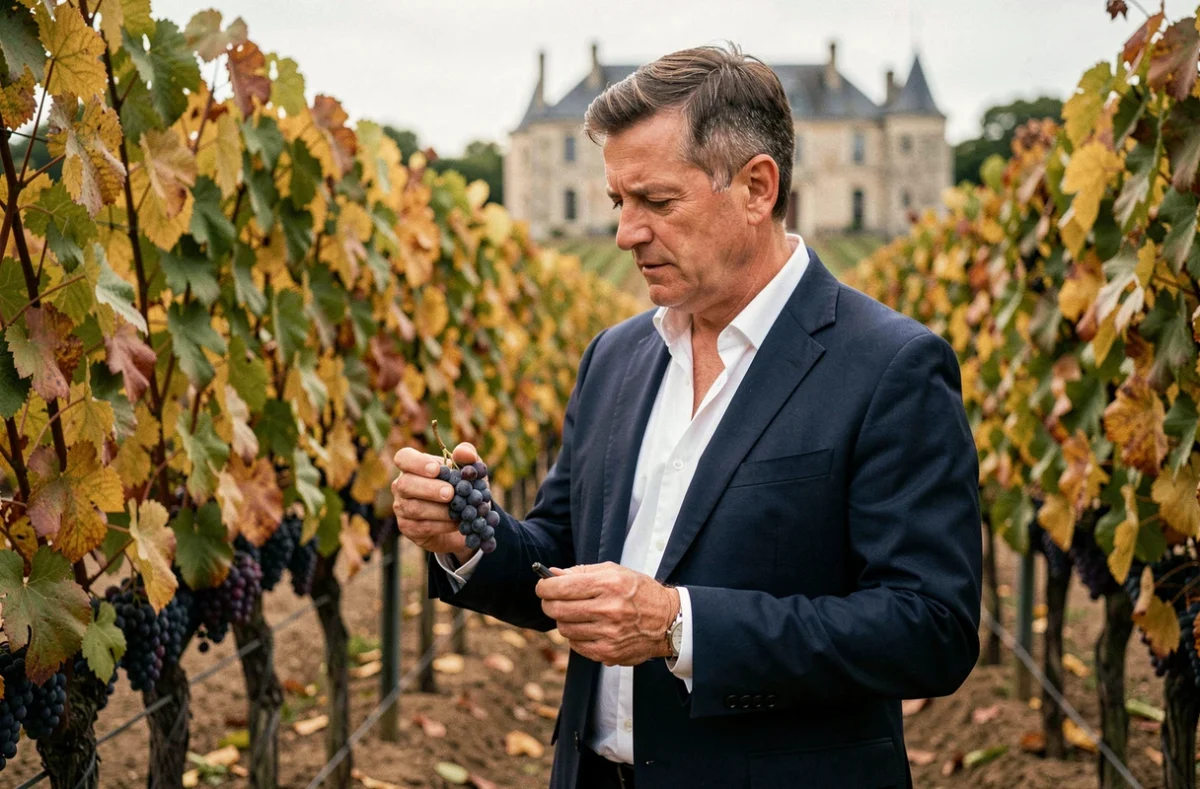 Propriétaire ou investisseur inspectant des grappes de raisin merlot dans un vignoble bordelais en automne, avec un château en arrière-plan flou