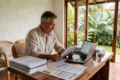 Expatrié occidental examinant des documents juridiques immobiliers dans une villa thaïlandaise moderne avec jardin tropical en arrière-plan