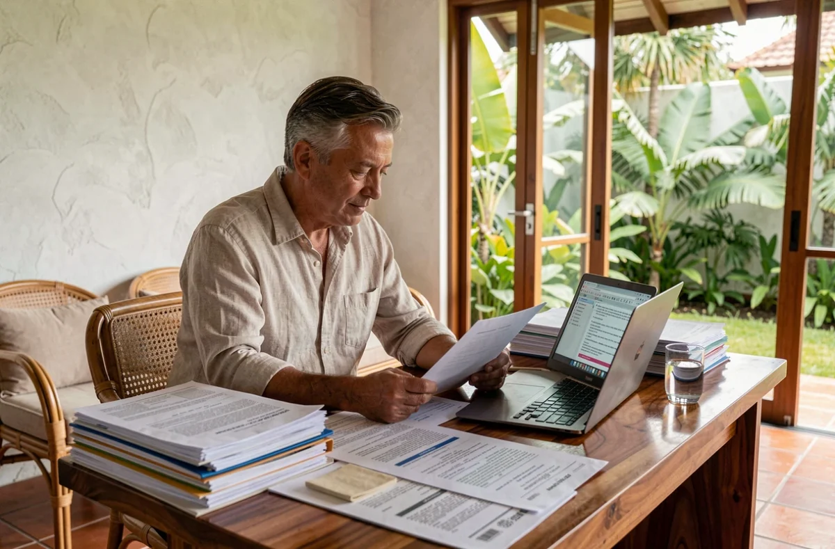 Expatrié occidental examinant des documents juridiques immobiliers dans une villa thaïlandaise moderne avec jardin tropical en arrière-plan