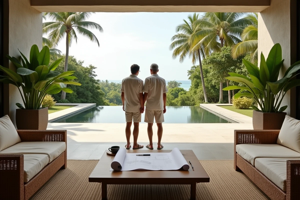Couple en tenue décontractée discutant de l'achat d'une villa en Thaïlande sur une terrasse moderne avec vue sur jardin tropical et océan