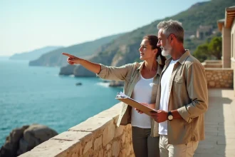 Couple d'acheteurs examinant des documents sur la terrasse d'une maison vue mer, exprimant une hésitation face à leur décision d'achat immobilier côtier