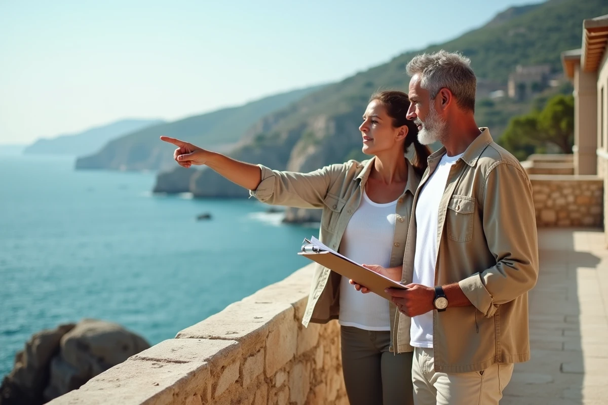 Couple d'acheteurs examinant des documents sur la terrasse d'une maison vue mer, exprimant une hésitation face à leur décision d'achat immobilier côtier