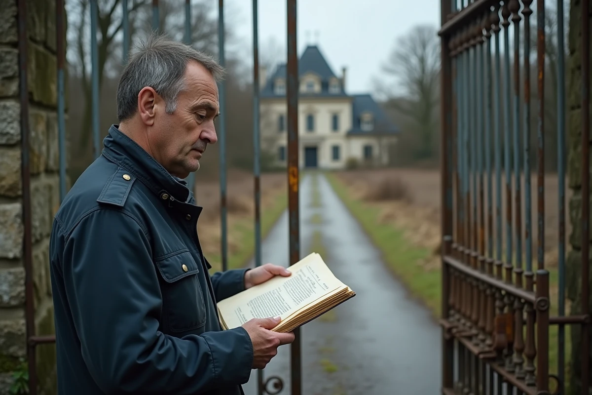 Personne tenant un dossier juridique devant le portail en fer forgé rouillé d'un château abandonné à vendre pour un euro symbolique