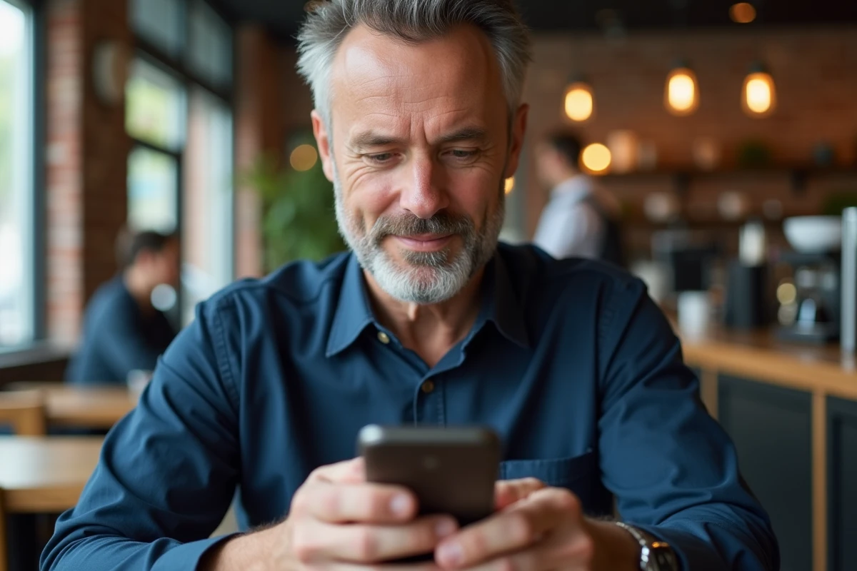 Homme activant son compte MyCitya sur smartphone dans un café urbain moderne