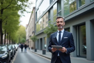 Agent immobilier devant un immeuble moderne en ville tenant une tablette avec des annonces immobilières en 2026