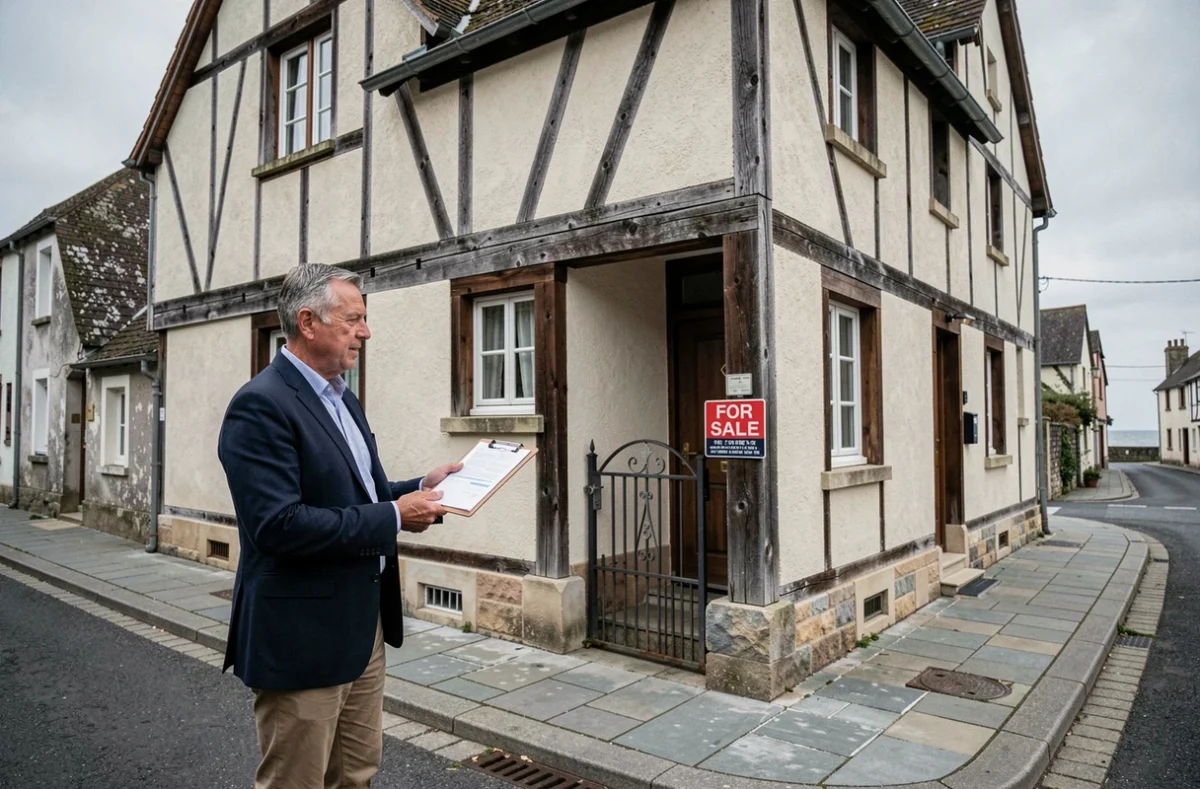 Agent immobilier devant une maison normande à colombages à vendre dans un village côtier de Normandie