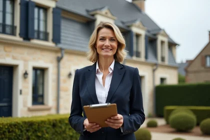 Agent immobilier devant une maison en pierre à vendre dans l'Oise pour cause de divorce urgent