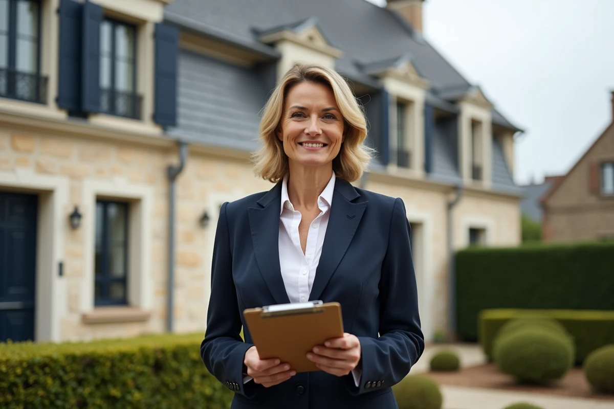 Agent immobilier devant une maison en pierre à vendre dans l'Oise pour cause de divorce urgent
