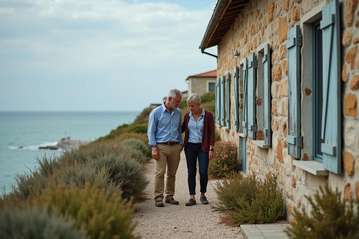 Agent immobilier montrant les défauts structurels d'une maison vue mer à des acheteurs potentiels, illustration des erreurs à éviter lors d'un achat côtier