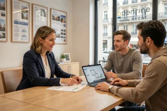 Agent immobilier à Lyon négociant le prix d'un logement avec un couple dans une agence moderne