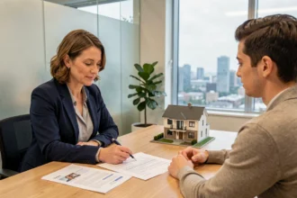 Agent immobilière expliquant un contrat de prêt à taux zéro à un jeune couple acheteur dans une agence moderne