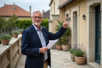 Agent immobilier sur une terrasse en pierre présentant un document d'évaluation foncière devant une maison française