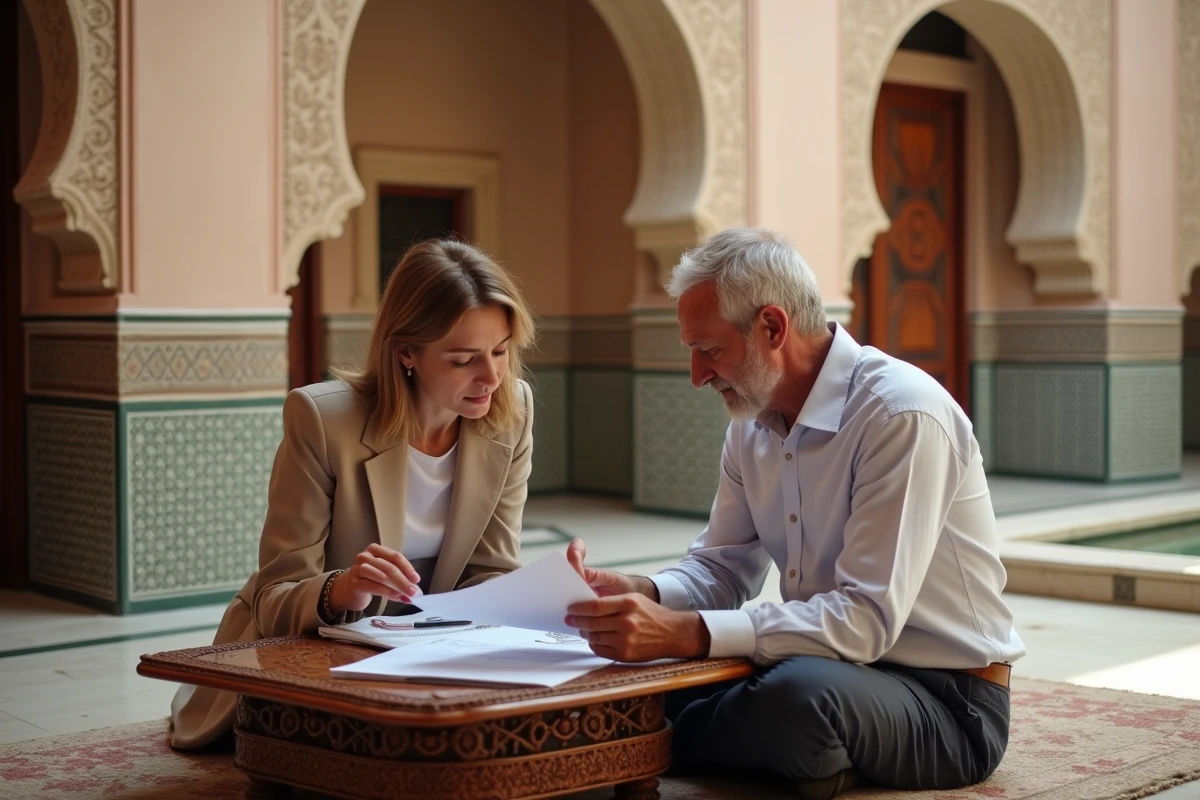 Agent immobilier présentant des documents de vente d'appartement à un retraité dans un riad traditionnel de Marrakech