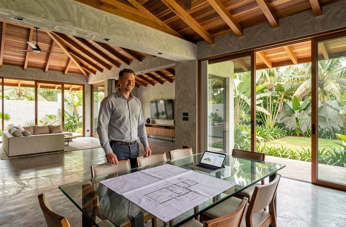 Agent immobilier présentant les données d'investissement d'une villa de luxe à vendre à Koh Samui avec jardin tropical