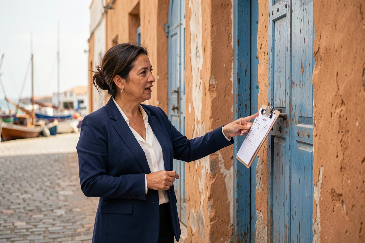 Agente immobilière présentant les garanties requises pour louer un appartement à Essaouira devant une façade de la médina
