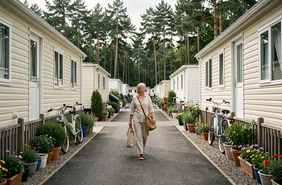Allée résidentielle d'un camping 4 étoiles avec rangée de mobil homes loués à l'année et atmosphère calme de vie permanente