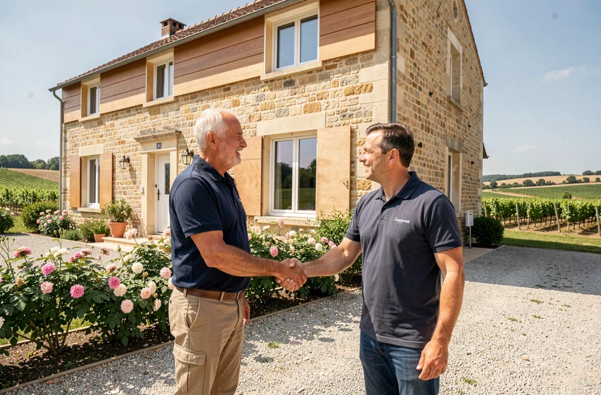 Un conseiller d'Alliance Habitat serrant la main d'un propriétaire devant une ferme girondine rénovée