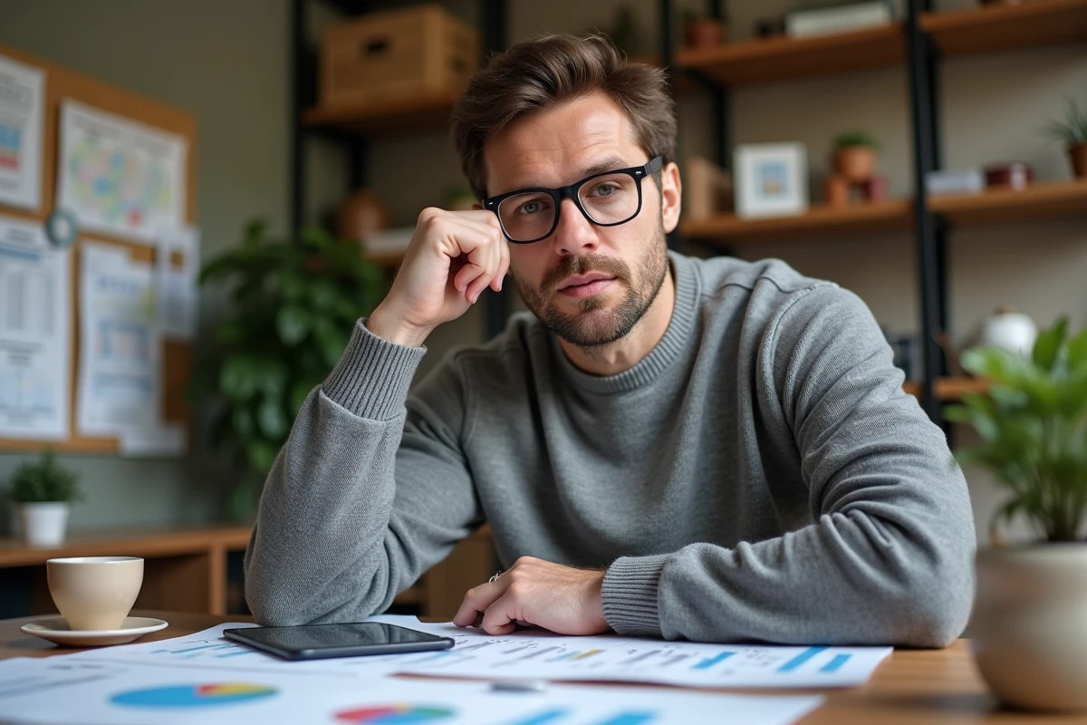 Un homme analyse des documents de comparaison de prix immobiliers à son bureau à domicile, utilisant des fiches papiers immo pour préparer une négociation