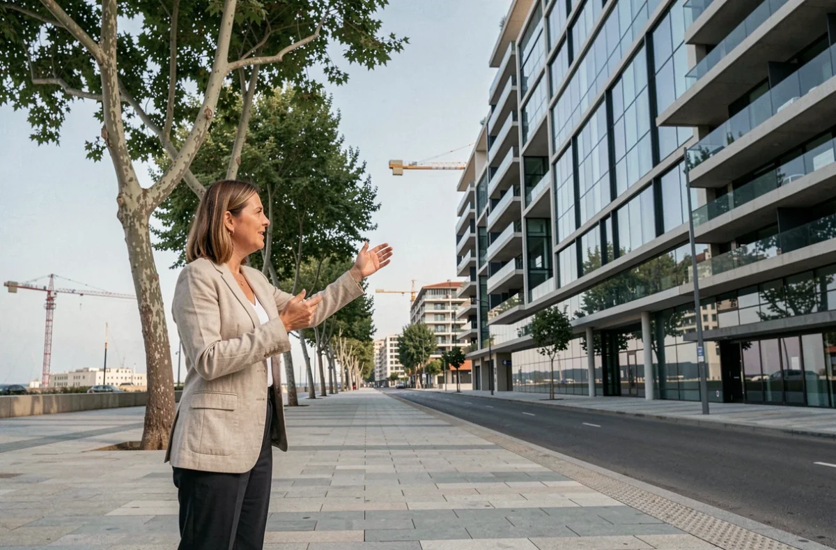 Professionnelle de l'immobilier analysant le potentiel locatif du quartier Euroméditerranée à Marseille