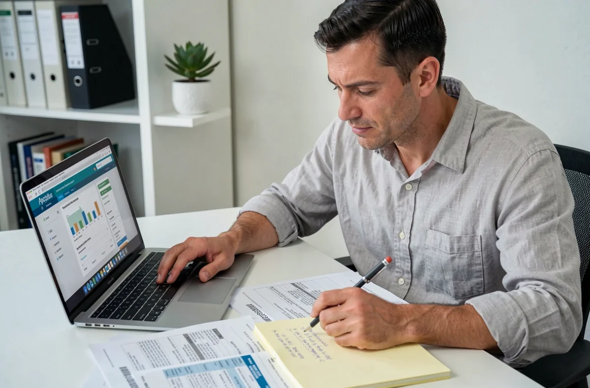Homme analysant un tableau d'amortissement et des documents de prêt à taux zéro dans un bureau à domicile