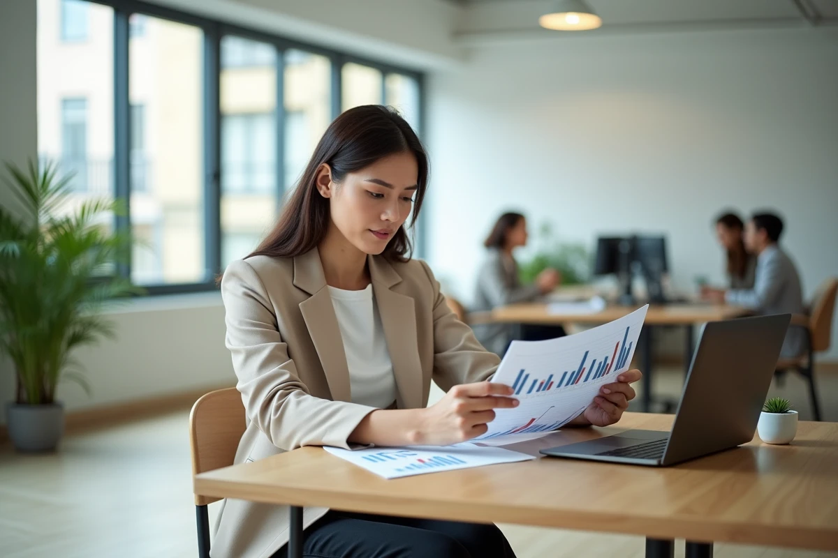 Femme analyste immobilière consultant des rapports de marché dans un bureau contemporain