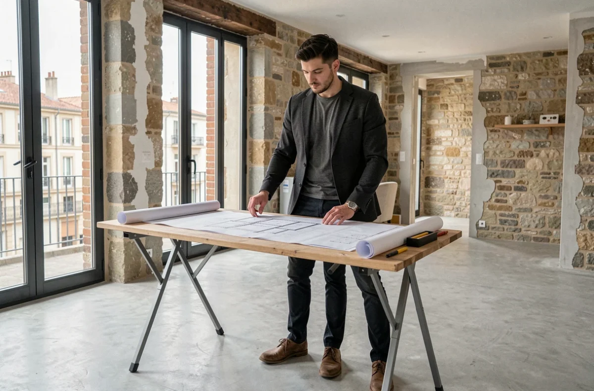Un architecte d'ArchiReno étudiant des plans de rénovation thermique dans un appartement bordelais en travaux