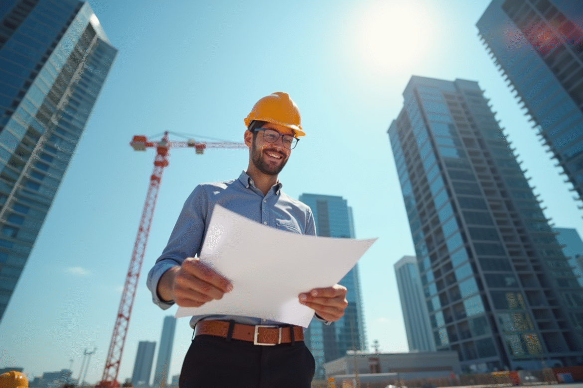 Architecte confiant en casque examine plans sur chantier