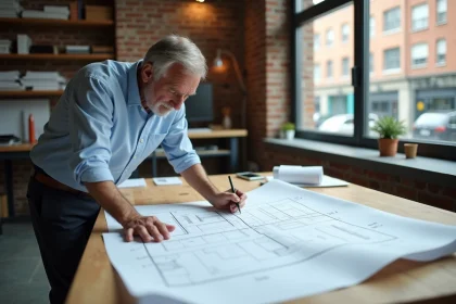 Architecte examinant les dimensions d'un plan de parking sur une table à dessin en studio professionnel