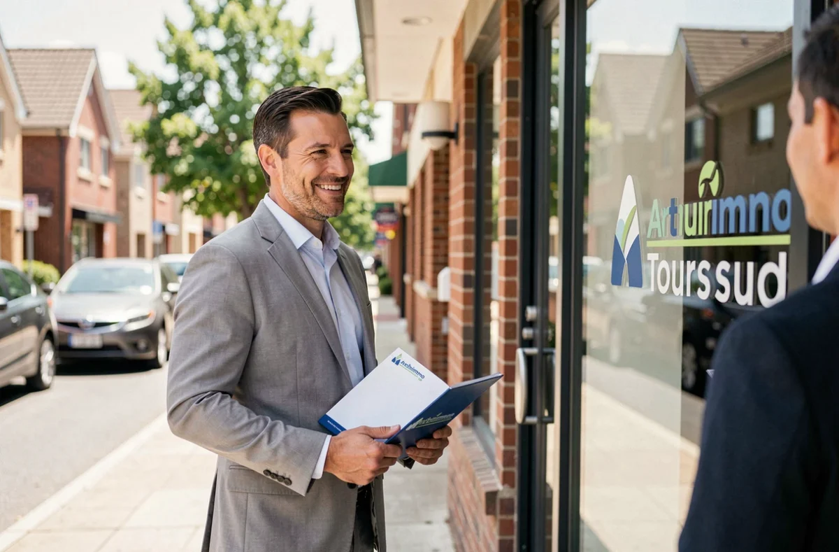 Agent d'Arthurimmo.com Tours Sud Groupe Averimmo devant la façade de l'agence en Indre-et-Loire