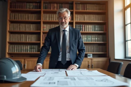 Avocat spécialisé en construction examinant des plans et documents juridiques dans un cabinet moderne pour un référé préventif
