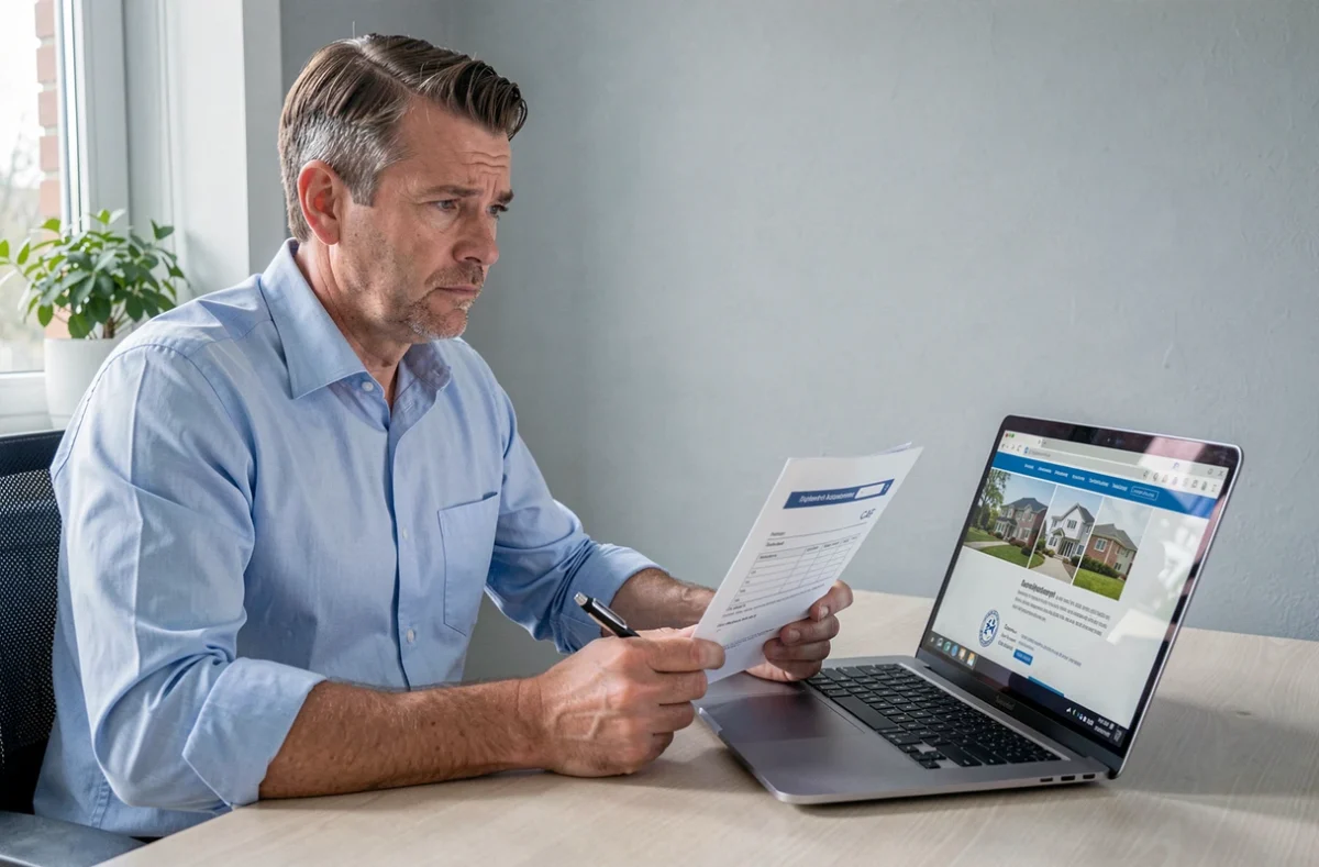 Propriétaire bailleur consultant le site CAF en ligne pour remplir sa demande d'APL avec des documents papier