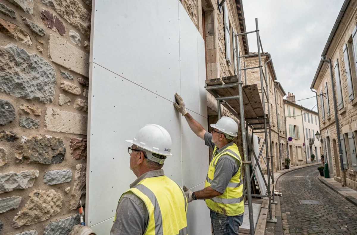 Ouvriers de BatiGrandBordeaux posant des panneaux d'isolation extérieure sur une maison en pierre bordelaise