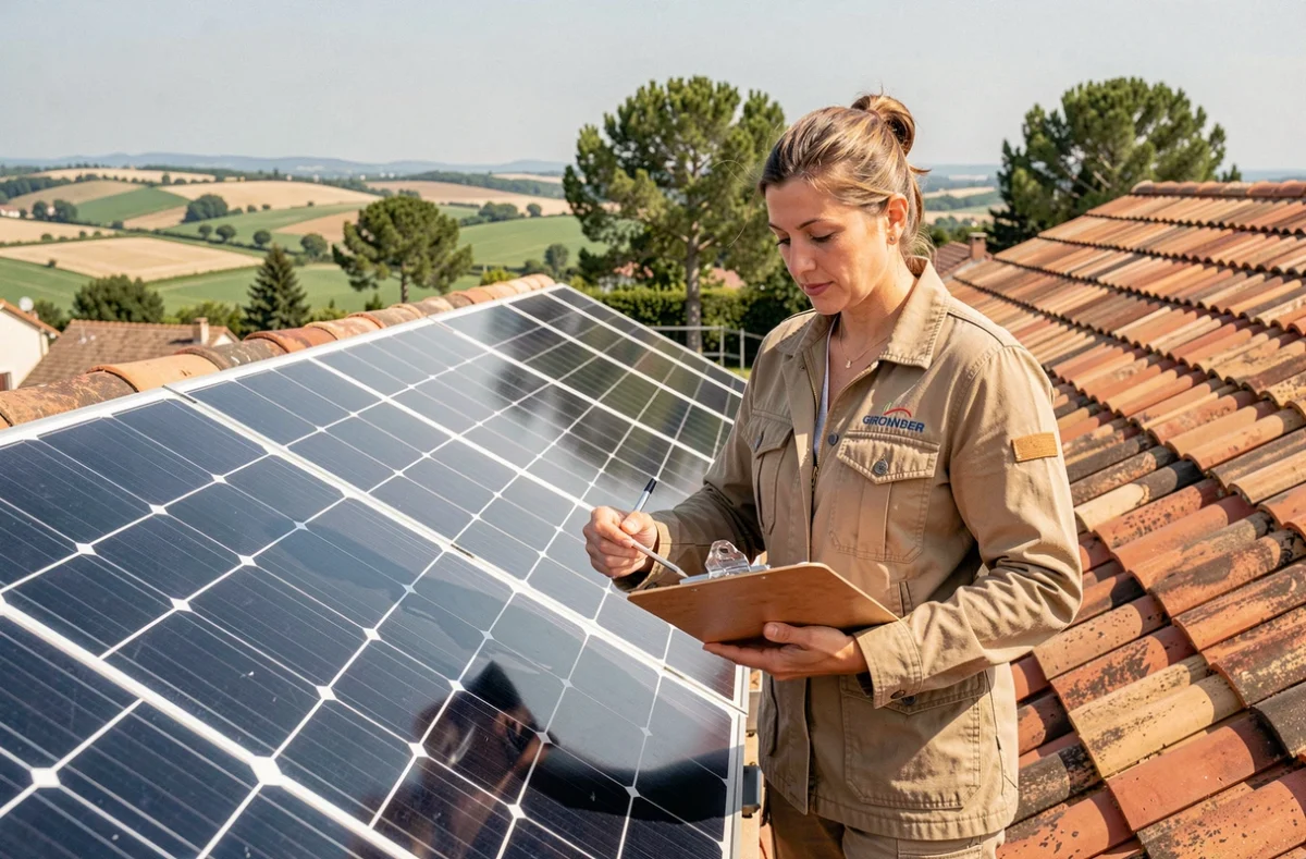 Une chargée de projet de Bord'eaux Rénov inspectant des panneaux solaires sur un toit en tuiles girondines