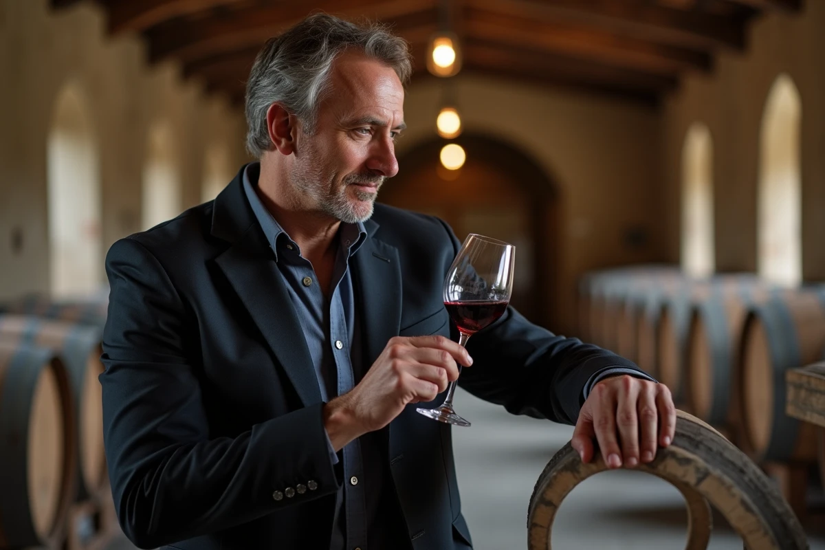 Cadre évaluant le potentiel d'un domaine viticole bordelais lors d'une visite du chai avec dégustaton de vin rouge