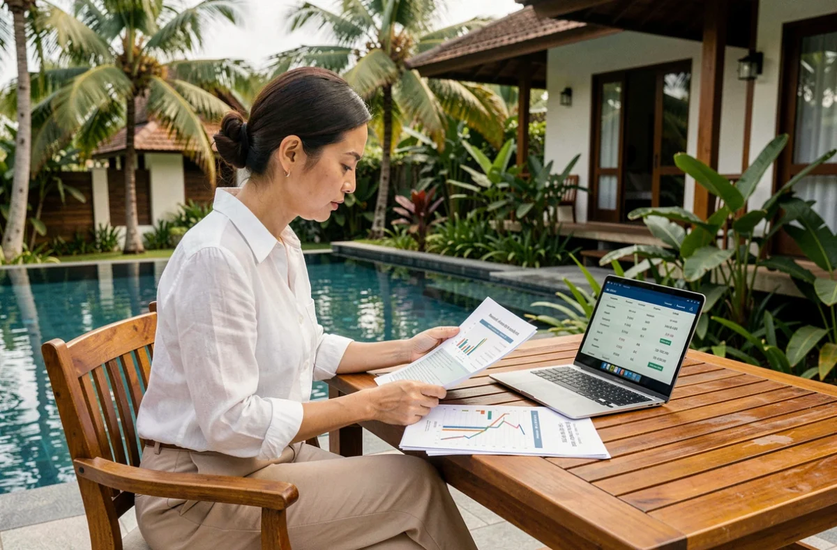 Femme analysant la rentabilité locative d'une villa à vendre à Koh Samui sur une terrasse avec piscine à débordement