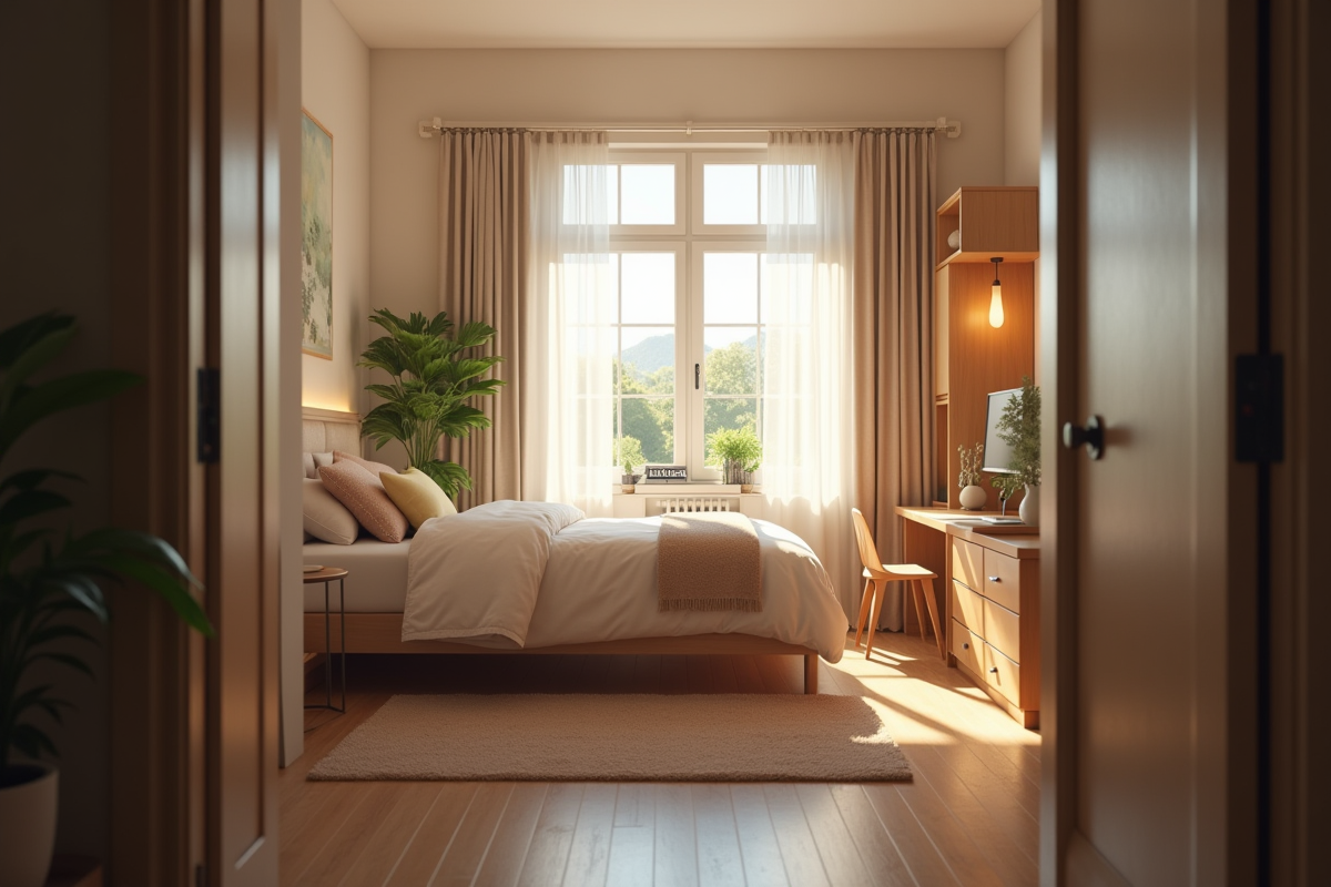 Petite chambre chaleureuse avec lit simple et rangement