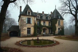 Château abandonné en France avec façade en pierre calcaire envahie par le lierre et cour délabrée en automne