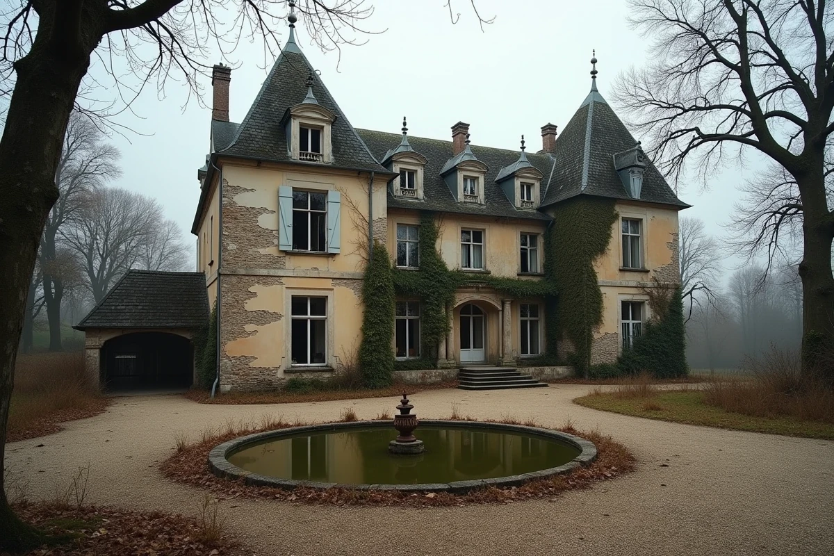 Château abandonné en France avec façade en pierre calcaire envahie par le lierre et cour délabrée en automne