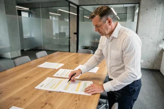 Chef de projet BTP examinant des clauses contractuelles liées à l'indice BT47 dans une salle de réunion professionnelle