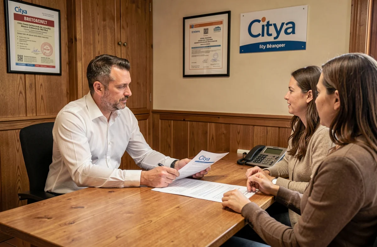 Gestionnaire Citya Béranger expliquant un contrat de copropriété à des clients dans une agence de Tours