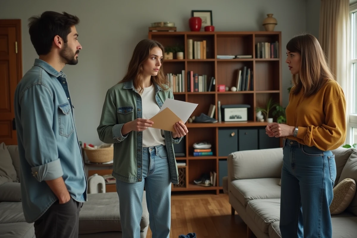 Trois colocataires discutant dans un salon modeste