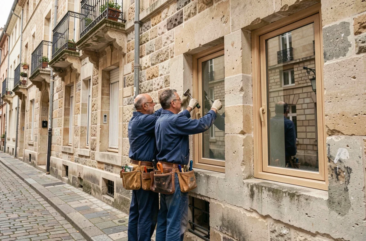 Artisans des Compagnons Bordelais posant une fenêtre à double vitrage dans une maison en pierre bordelaise