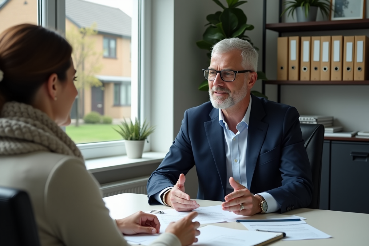 Conseiller bancaire et femme discutant taux de pret dans un bureau