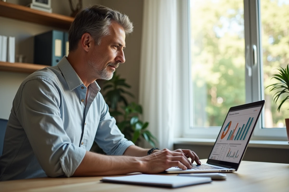 Conseiller IAD travaillant depuis son domicile sur les statistiques et le suivi des objectifs via l'intranet