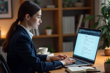 Conseillère immobilière configurant l'intranet IAD sur son ordinateur portable lors de sa première journée de travail