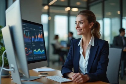 Conseillère immobilière IAD consultant son tableau de bord intranet sur un écran d'ordinateur dans un bureau moderne