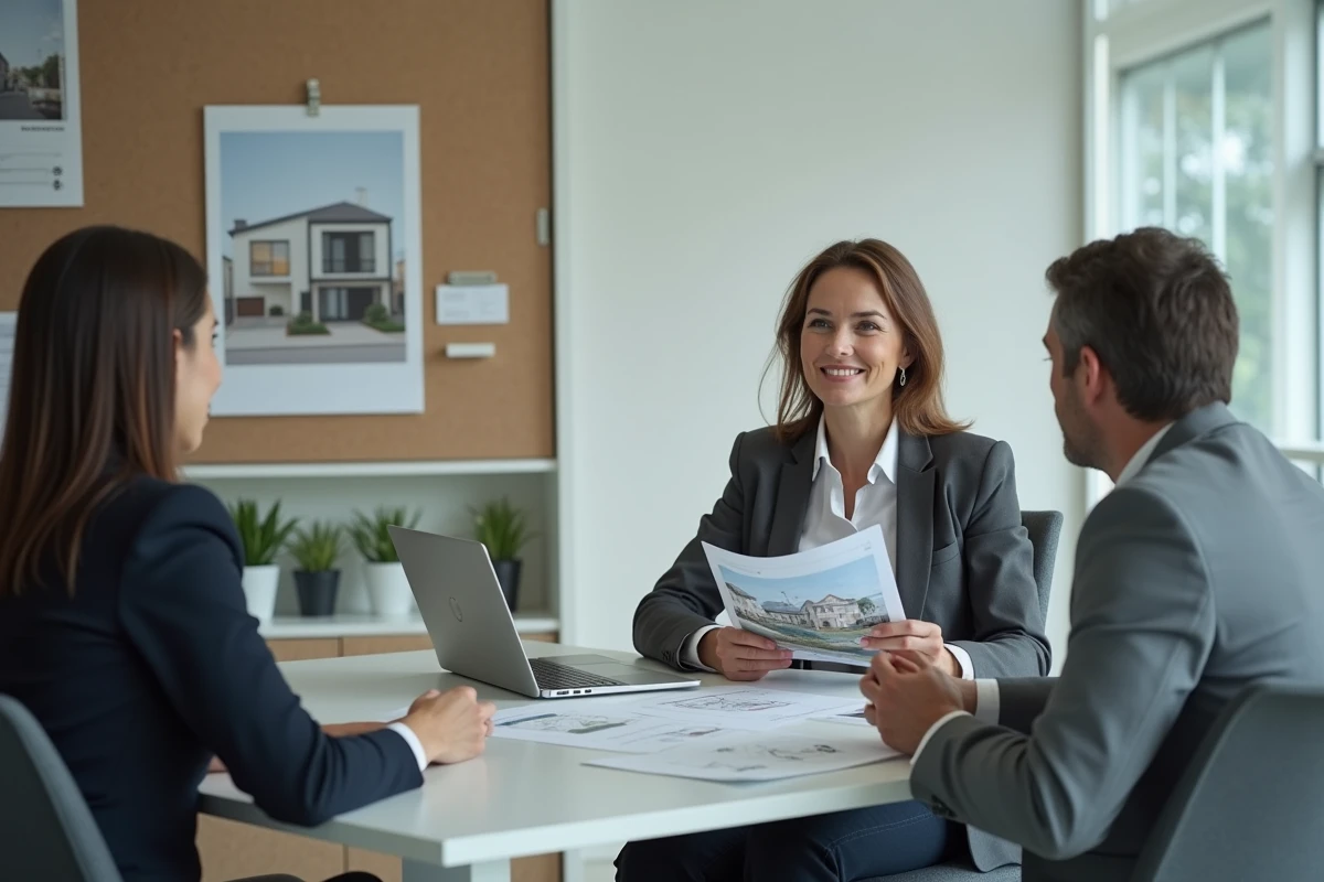 Conseillère immobilière présentant un programme neuf à des acheteurs dans une agence du Val-de-Marne