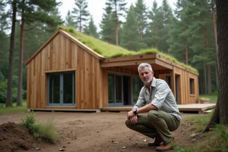Architecte inspectant une construction en bois écologique intégrée dans une forêt naturelle