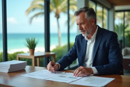 Consultant immobilier à l'île Maurice analysant des documents de risques d'investissement dans un bureau moderne avec vue sur le lagon